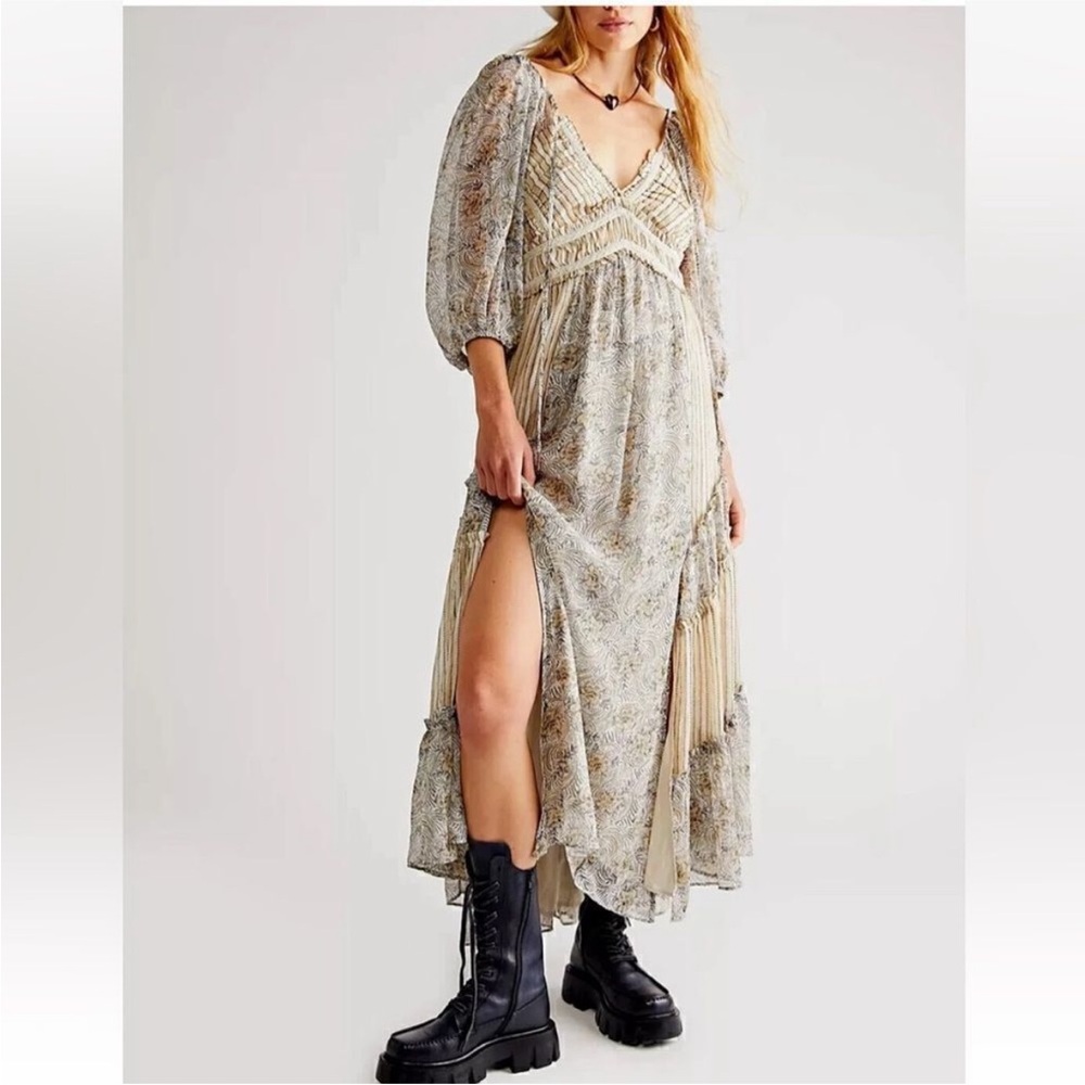 Free People Cream Floral Maxi Dress with Lace Trim